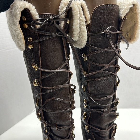 Michael Kors Warrior Lace Up High Heels Leather Tall Boots Sherpa Brown Size 6.5 - Picture 7 of 12